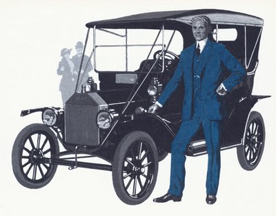 Henry Ford a híres T-modellel, amely a Ford nevét és vagyonát szerezte alkotó: English School